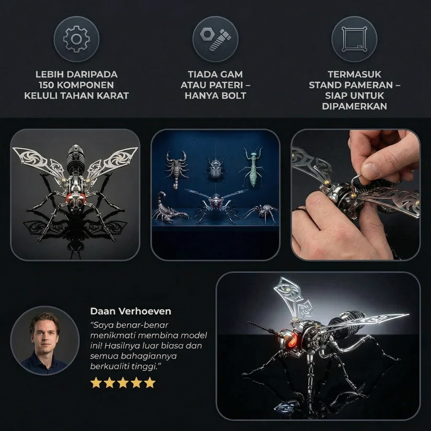 Set Pembinaan Logam 3D Mech-Wasp dengan 150+ Komponen Keluli Tahan Karat